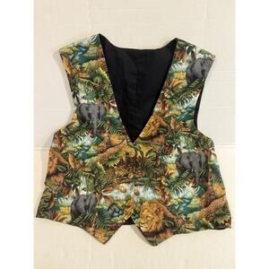 Animal Print Vest Size VTG 70s 80s Color Pop Lions Cheetah Giraffe M/L Waistcoat